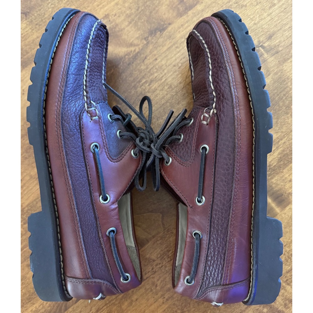 LL Bean Mens Casco Bay Boat Shoes 10 D Burgundy Brown Leather Lug Sole Mocs